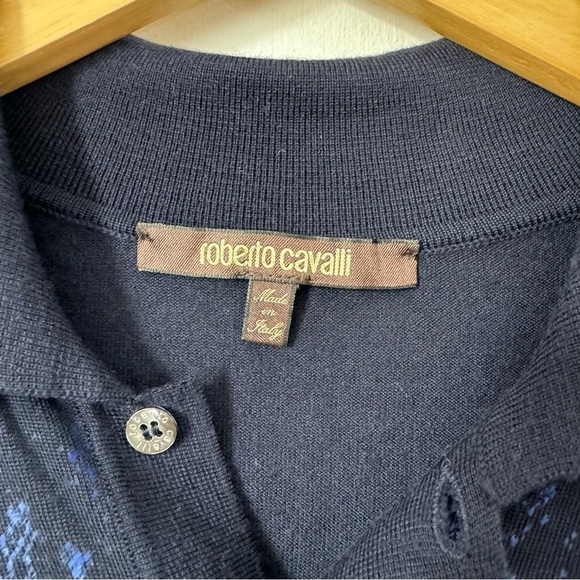 Roberto Cavalli Polo Shirt 100% Wool Knit Navy Blue Snake Print Mens Medium - Picture 7 of 13